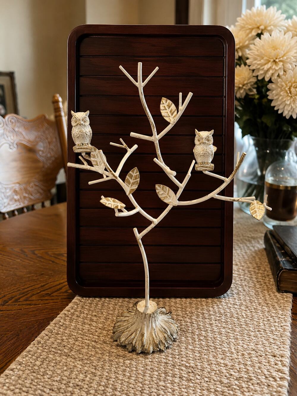 Metal Owl Jewelry Tree, White and Gold